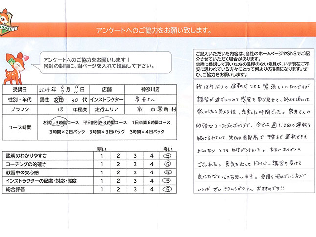 神奈川県横浜市泉区 30代女性 ペーパードライバー講習アンケート