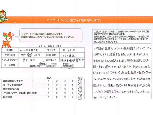 横浜市金沢区30代女性 ペーパードライバー講習アンケート
