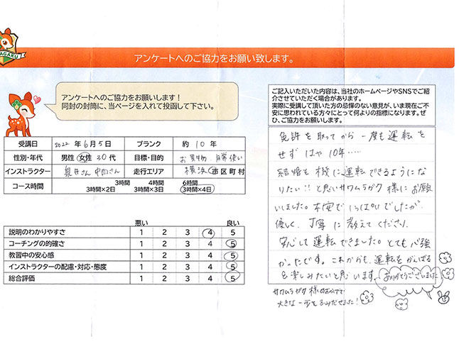 神奈川県横浜市瀬谷区 30代女性 ペーパードライバー講習アンケート