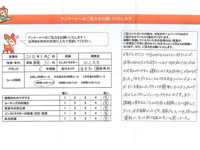 海老名市 30代女性 ペーパードライバー講習アンケート