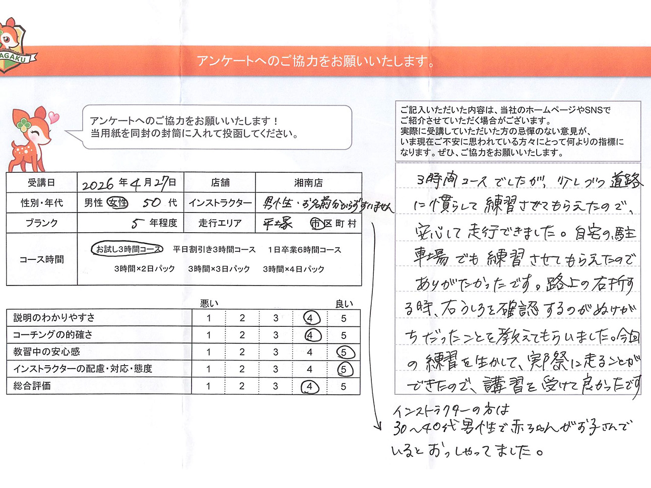 平塚市 50代女性 ペーパードライバー講習アンケート